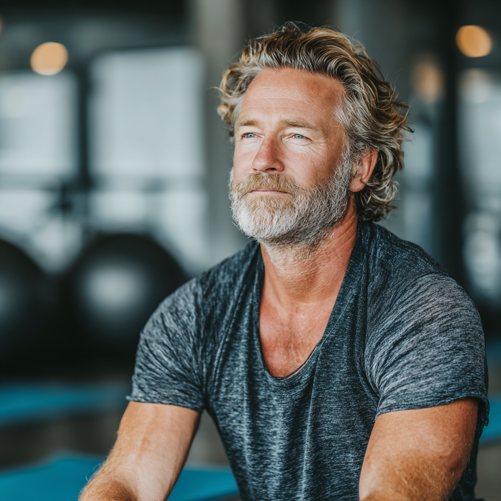 Smiling middle-aged Ukrainian man and woman demonstrating proper endurance training techniques in a modern fitness facility